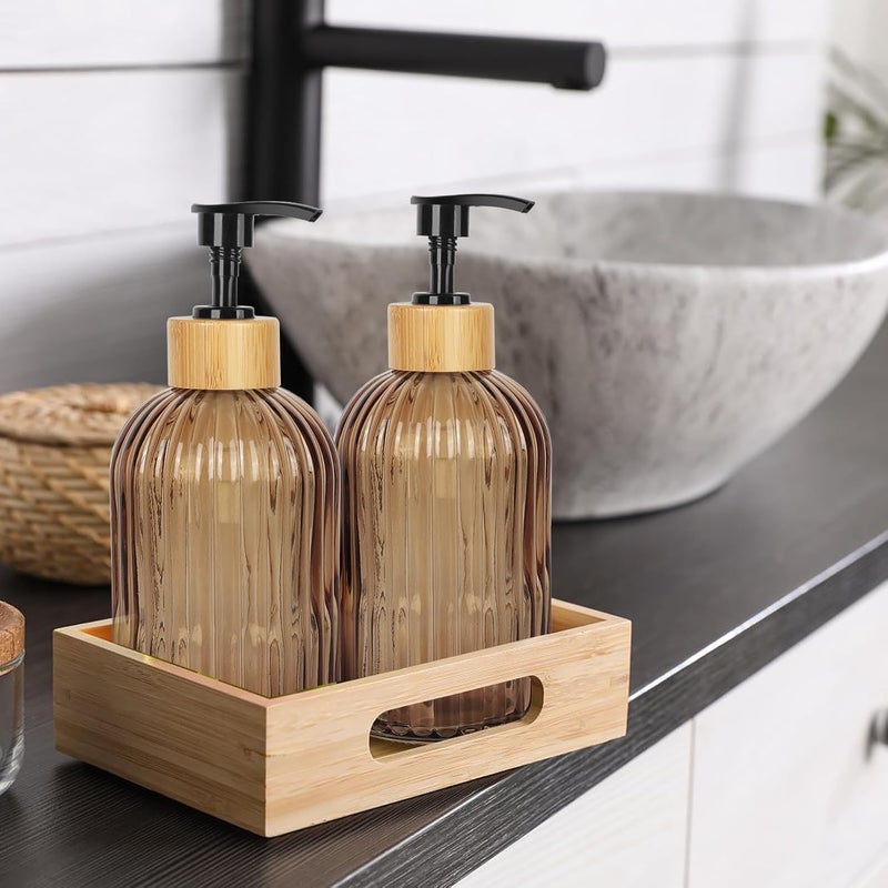 Ulable Amber Glass Soap Dispenser with Pump, 2 Pack 13.5oz Vertical Stripe Design Hand Soap Dispenser for Hand Wash, Dish Wash, Elegant Dispenser for Bathroom and Kitchen - Image 4